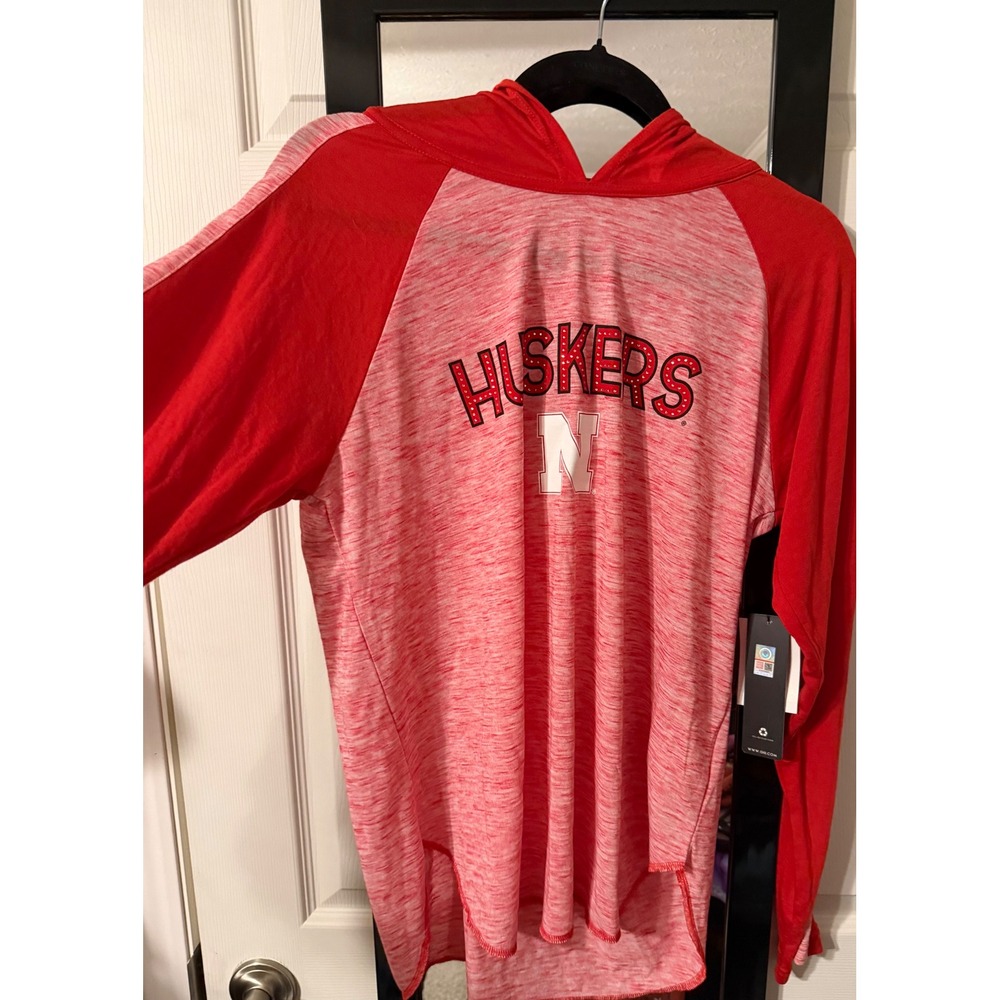 GIII 4Her Nebraska Huskers Red Heathered Baseball Tee Hoodie Womens L